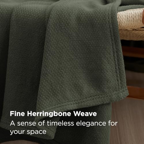 Image of Bedsure 100% Cotton Blanket, Herringbone Weave, Throw XL, Olive Green