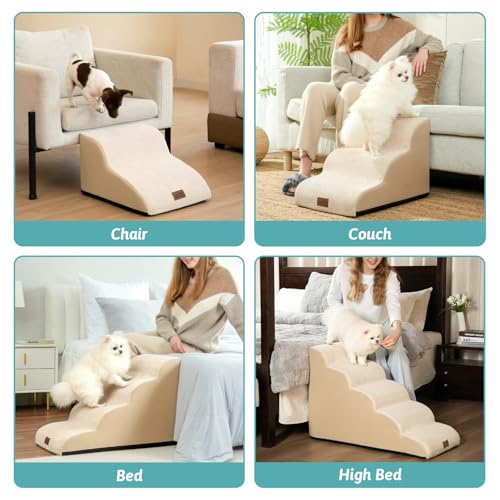 COZY KISS Dog Stairs for Small Dogs 11.8" H, Curved Dog Step for Puppy, Older Cat, Medium Pet Ramp for Sofa, Couch or Chair, Ladder with High Density Foam, 2 Step, Beige - Thumbnail 6