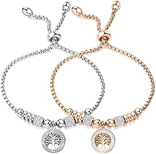 JOLIGAEA 2 PCS Bracelet for Women, Tree of Life Bracelet for Women, Crystal Bracelet, Friendship Bracelets, Adjustable Bracelet with Gift Box for Christmas Mother's Day Birthday (Silver/Rosegold)