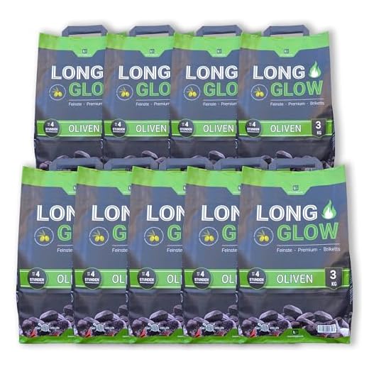 Long Glow® Grillbriketts 27 kg Oliven Premium Briketts - bis 4h Brenn- & Glutdauer - nachhaltige Grillkohle mit hoher Hitze für Grill, Smoker, Pizzaofen & Dutch Oven | 9 x 3 kg | Energie Kienbacher