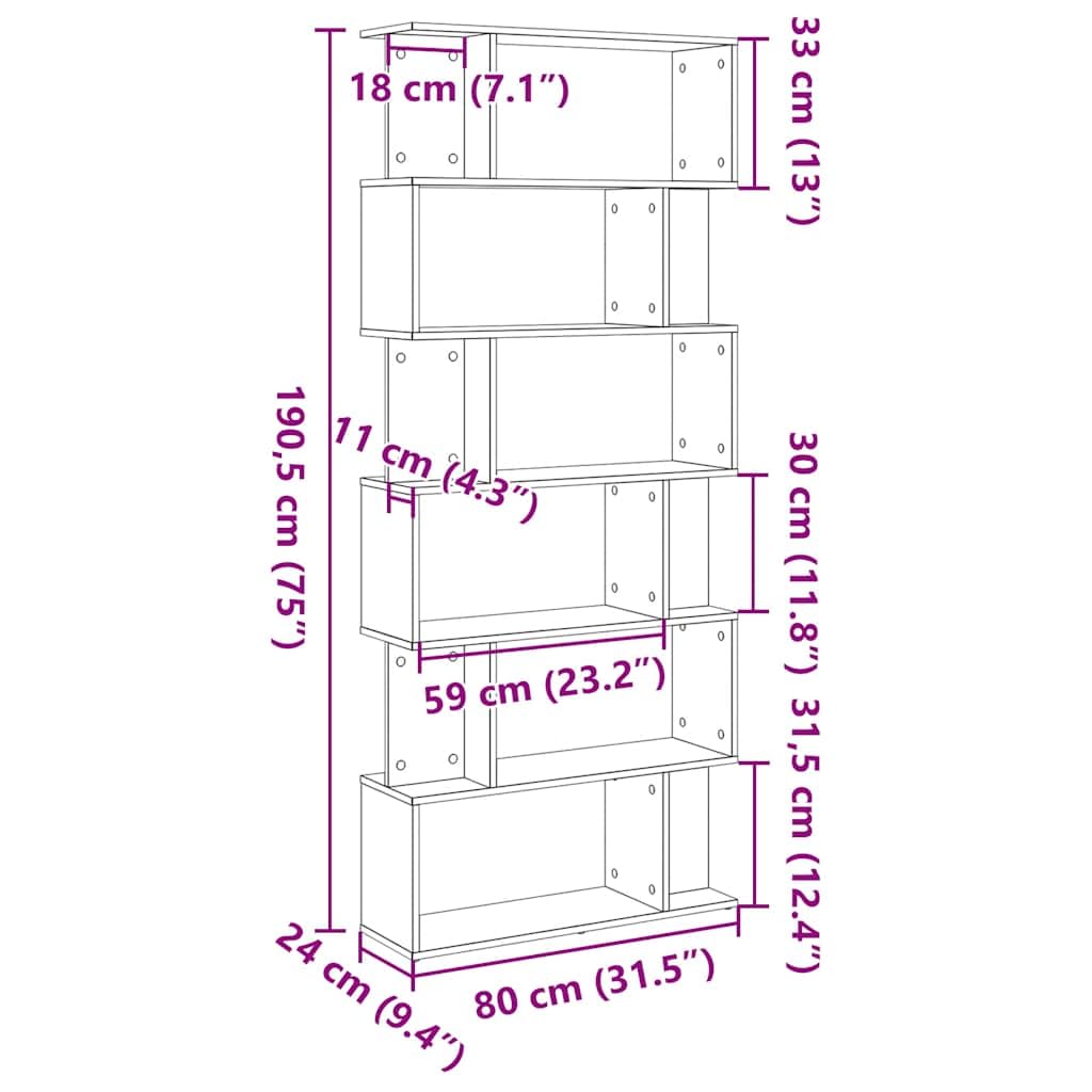 Estantería en aspecto de roble, 80 x 24 x 190,5 cm, de material de madera con compartimentos desplazados y parte superior estable para libros y decoración, fácil de limpiar
