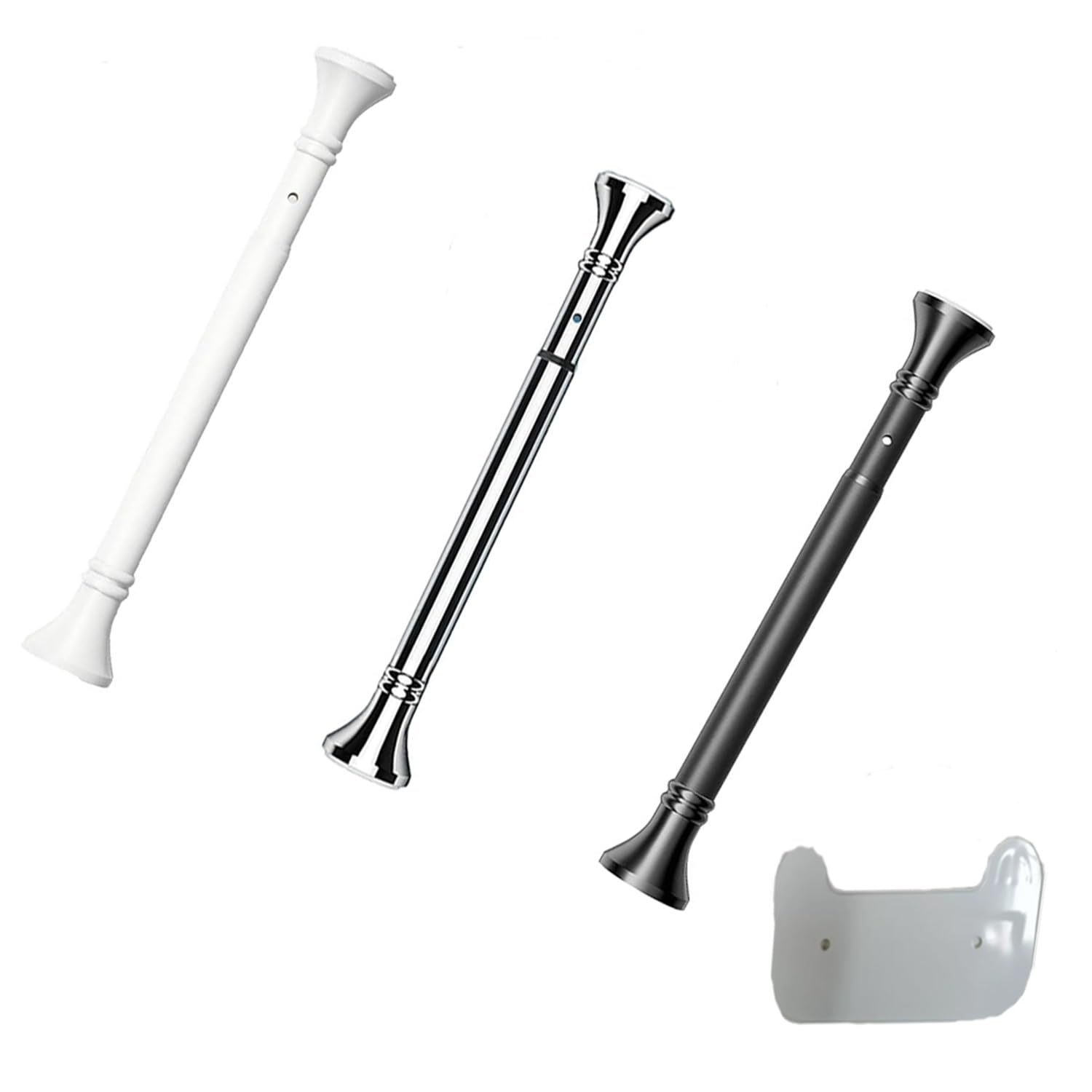 Barra telescópica de tensión ajustable para cortinas de ducha para ventanas y terrazas, diámetro extensible sin taladrar, con bandeja para tarjetas, color negro (410-500 cm)
