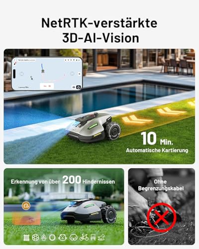 MAMMOTION YUKA Mini 700 Mähroboter ohne Begrenzungskabel, Empf. 700 m²(Max.1100 m²), NetRTK+Vision Rasenmäher Roboter, KI Smarte Hindernisvermeidung, App-Steuerung mit 4G-Modul, 50% Steigung