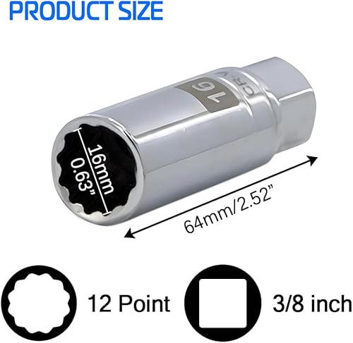 Miniatura 20 de Bujía magnética de pared delgada de 0.55 pulgadas de 3/8 pulgadas, enchufe de bujía de 12 puntos compatible con motocicleta, automóvil, SUV, BMW