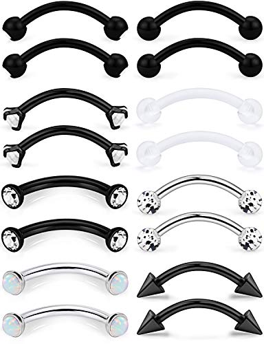 Dyknasz Eyebrow Ring Bar 16G Stainless Steel Curved Barbell Clear Diamond Cz Tragus Helix Piercing Body Jewelry Bioflex Retainer For Women Men Girls Opal Screw Ball Spike 16 Pieces Black #TOP9