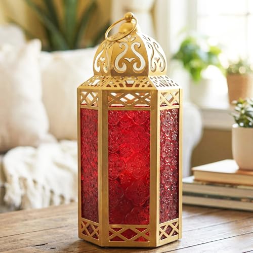 Vela Lanterns Farol portavelas decorativo marroquí de metal de 12 pulgadas para colgar o mesa, decoración interior del hogar, patio al aire libre o porche, bodas, dorado, cristal rojo, grande