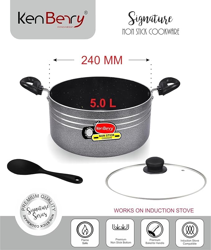 Image of KenBerry Signature Granite Finish Non Stick Casserole Biryani Pot | Stew Pot | 24 cm Diameter 5 L Capacity with Glass Lid (Aluminium, Induction Base, Nonstick)