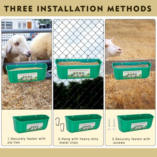 10 Pack Fence Feed Feeder 4.5 Quart Hanging Chicken Feeder Trough with Brush & Scoop Green Goat Hanging Fence Feeders Feeder with Hooks Screws & Zip Tie for Livestock Feeding Container Goats Supplies - Thumbnail 4