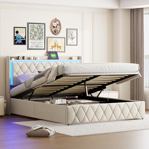 BRILVERDE Cama con canapé 140 x 200 cm, Cama Doble, con iluminación LED y Carga USB, Estructura de Cama con somier, Moderna tapizada, Terciopelo Beige, sin colchón