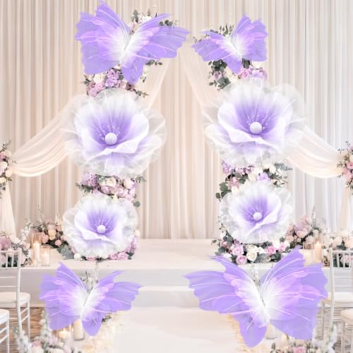 Image of Cinnvoice 8 Pcs Gradient Purple Large Butterfly Flower Decorations 20 Inch 12 Inch 3D Purple Giant Silk Butterfly Big Flower Mariposas Grandes para Decoracion for Wedding Backdrop Birthday Party