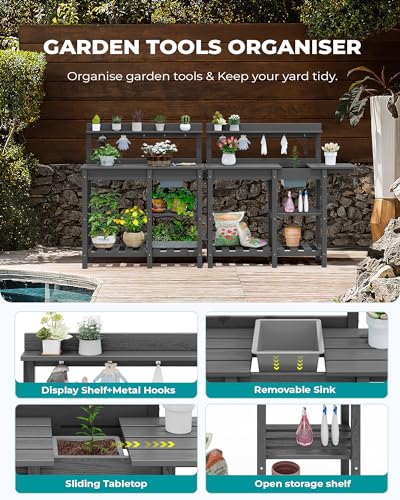 image for SERWALL Outdoor Potting Bench with Removeable Sink,Rot-Resistant HDPE 