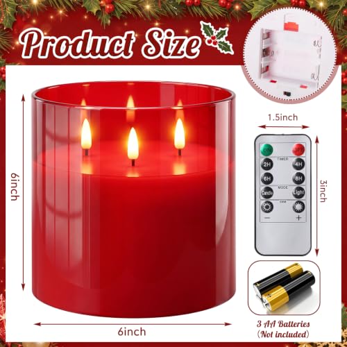 Image of Retisee 6'' x 6'' Extra Large Flameless Candles, 3 Wick Glass Large Fall Candles with Remote Control and Timer Function, Real Wax LED Pillar Flickering for Autumn Party Decor(Classic,Red,1 Pcs)