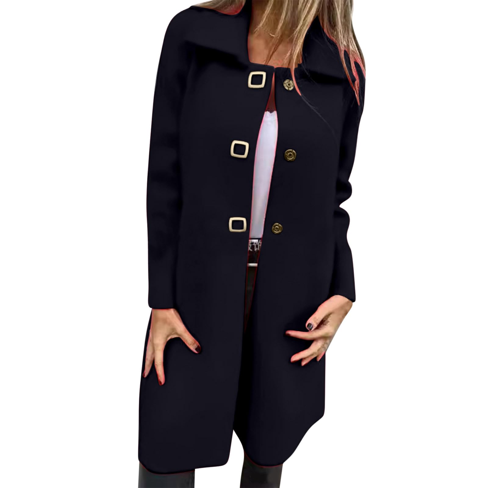 Womens Long Double Breasted Coats Lapel Collar Pea Coat Winter Slim Fit Trench Coat Fashion Business Work Office