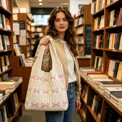 Bow Print Tote Bag for Women, Cute Casual Shoulder Bag, Large Capacity Aesthetic Tote Bag for Work, Travel, Shopping & Daily Casual Use