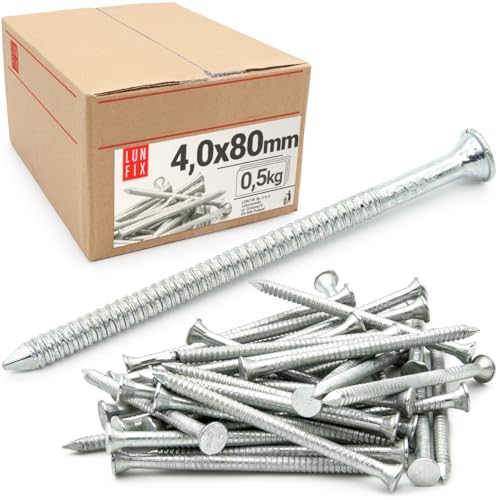 Lun Fix Clous d'ancrage galvanisés 4 x 80 mm – 0,5 kg Clous rainurés en bois pour travaux de construction, clous de construction Clous métalliques à tête fraisée Clous de 80 mm de long