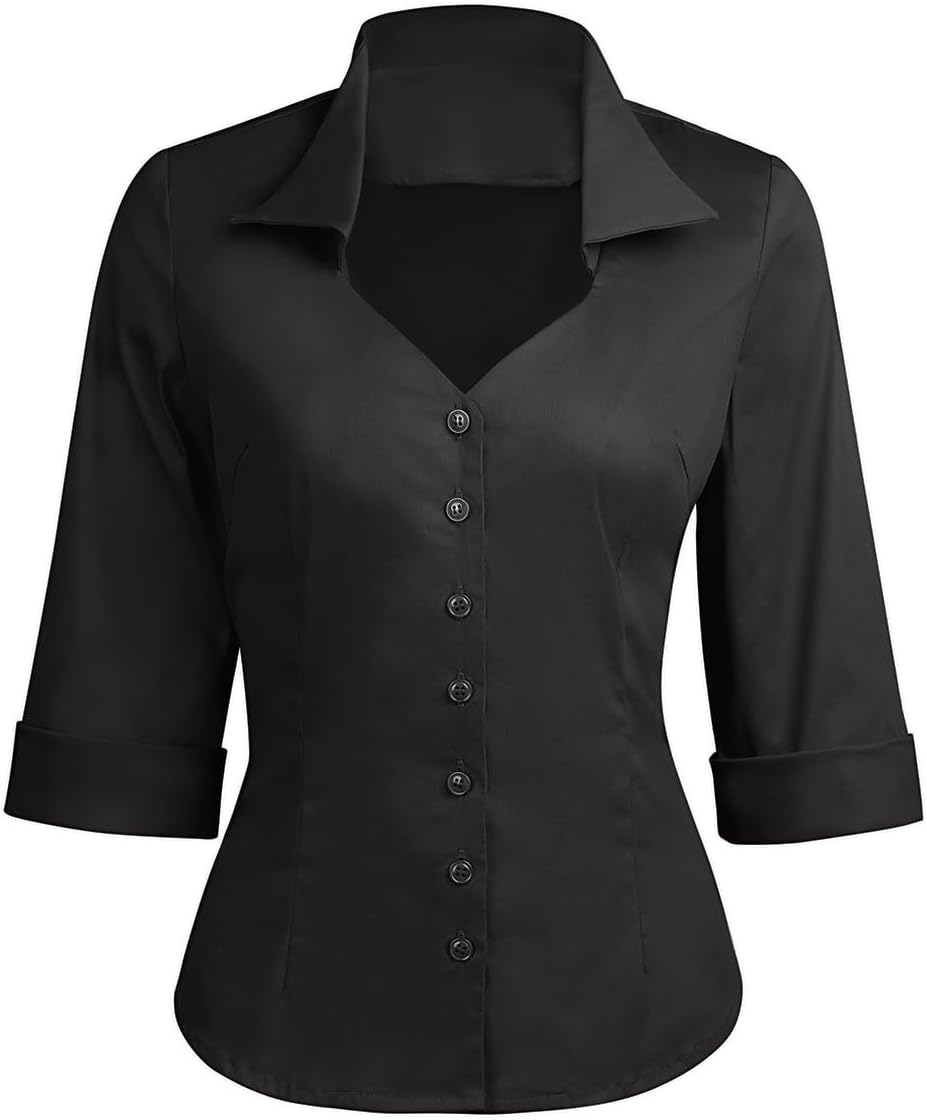 YARN & INK Women's Solid Classic-Fit Casual Blouses Button Down 3/4 Sleeve Dress Shirt 1950s Retro Elegant Work Office Tops