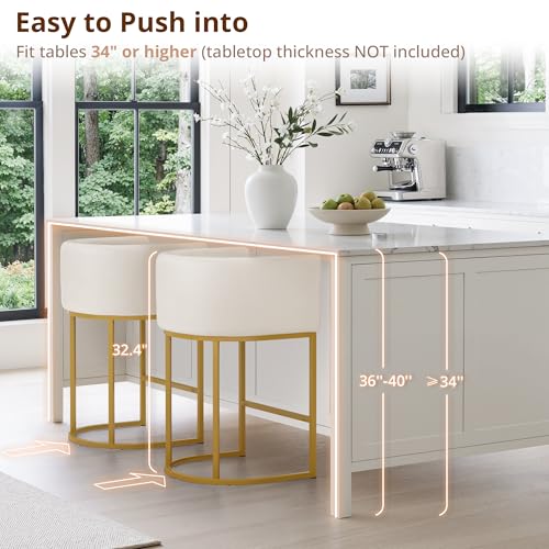 Image of LUE BONA Counter Height Bar Stools Set of 2, Modern Barrel Counter Stools with Backrest and Arms, Gold Metal Frames, Linen Fabric Upholstered Accent Barstools for Kitchen Island, Beige