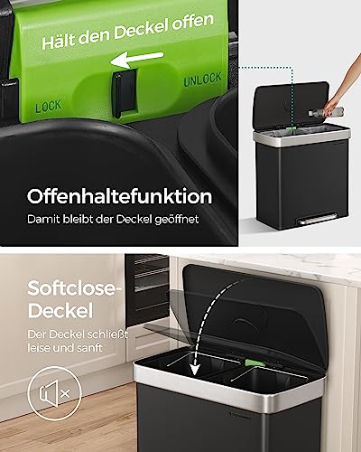 ‎SONGMICS Mülleimer Küche, 2 x 30 Liter, Mülltrennsystem, 2 Fächer, 15 Müllsäcke, Abfalleimer aus Edelstahl, Inneneimer aus Kunststoff, mit Deckel, Softclose, 58,2 x 31,5 x 60,5 cm, schwarz LTB202B01