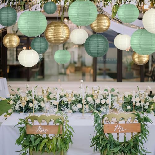 Image of 15-Pack Sage Green Gold Paper Lanterns Party Decorations | Assorted 6, 8 & 10-Inch Hanging Lanterns for Baby and Bridal Showers, Graduations, Weddings, Birthdays and Outdoor Receptions