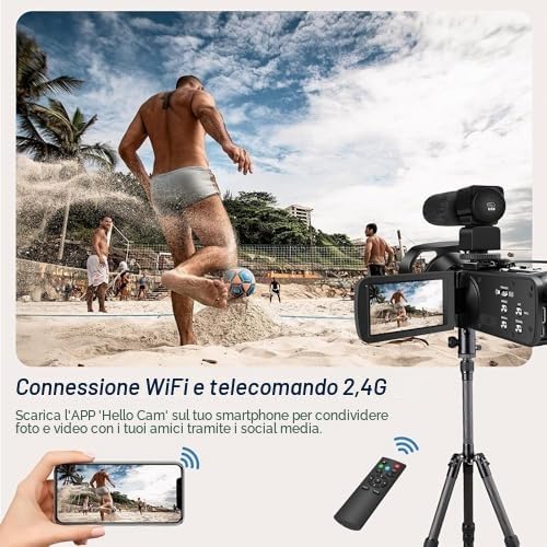 Videocamera 5K, videocamera 64 MP con zoom digitale 18x, WiFi, visione notturna IR, telecamera per YouTube, touch screen, include scheda SD, microfono, 2 batterie, telecomando
