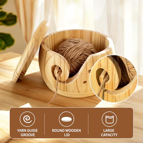 Image of Yarn Bowl with Wooden for Storage | Handmade wood yarn bowl with lid /holder, 2-in-1 tangle-free knit /crochet organizer, smooth no-snag, ideal crafter gift.