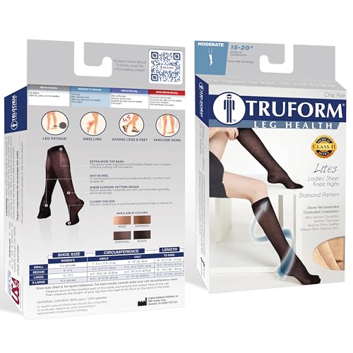 Image of Truform Sheer Compression Stockings, 15-20 mmHg, Women's Knee High Length, Diamond Pattern, Black, Small