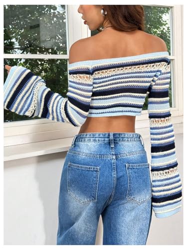 Image of GORGLITTER Women's Off The Shoulder Crochet Sweater Bell Long Sleeve Color Block Crop Knit Tops