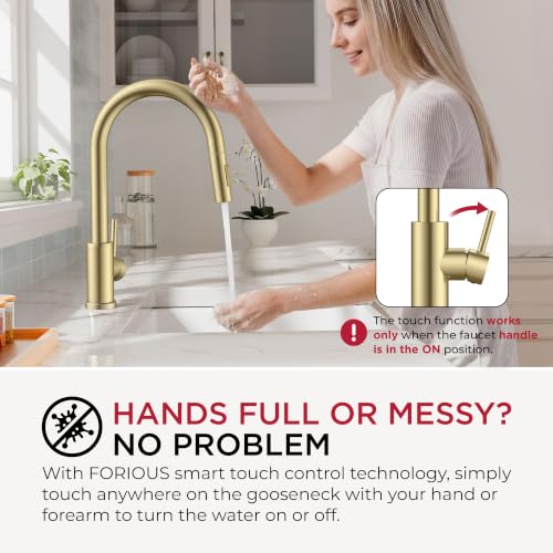 Image of FORIOUS Gold Touch Kitchen Faucet with Pull Down Sprayer, Single Hole Kitchen Sink Faucet with Deck Plate, Touch Activated, Single Handle High Arc Stainless Steel, Fit for RV Bar Farmhouse Laundry