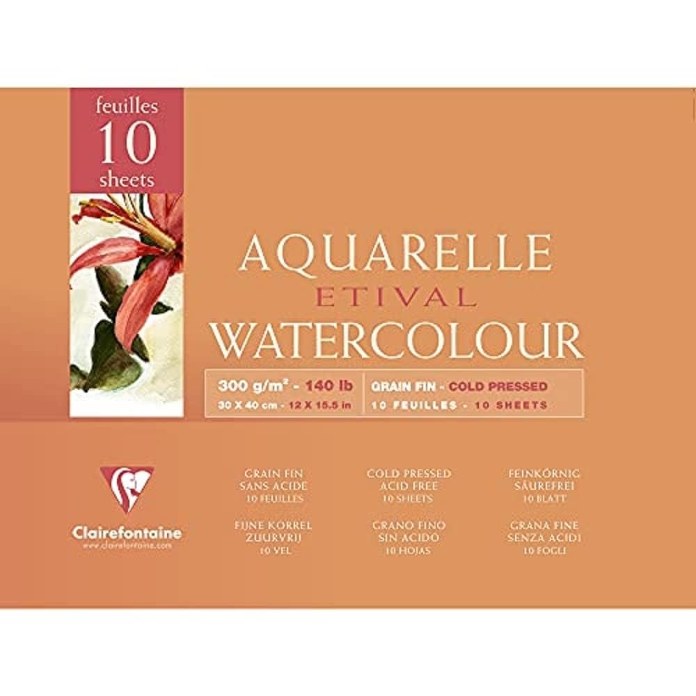 Clairefontaine - Ref 96572C - Etival Cold Pressed Glued Watercolour Painting & Drawing Pad (10 Sheets of Paper) - 30 x 40cm - 300gsm Cellulose Art Paper