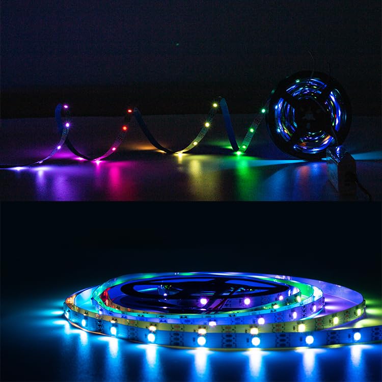 Image of WS2812B RGB LED Strip, Individually Addressable LED Strip, Chasing Effects Dream Color 5050SMD 16.4FT 150 LED Pixel Strip Rope Light DC 5V (White PCB 5M 30Pixels /M Waterproof IP65)
