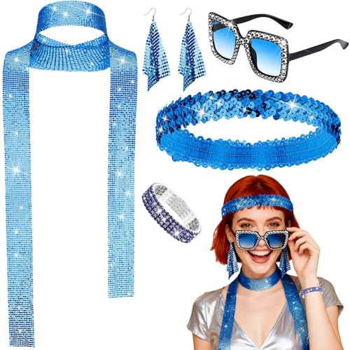 Betrynidil 5 Piezas Disfraz Discoteca Accesorios, Disfraz Años 70 Disco Accesorios Bufanda De Lentejuelas Brillante, Pendientes De Gafas De Sol, Pulsera y Diadema, Para Carnaval, Disfraz (Azul)