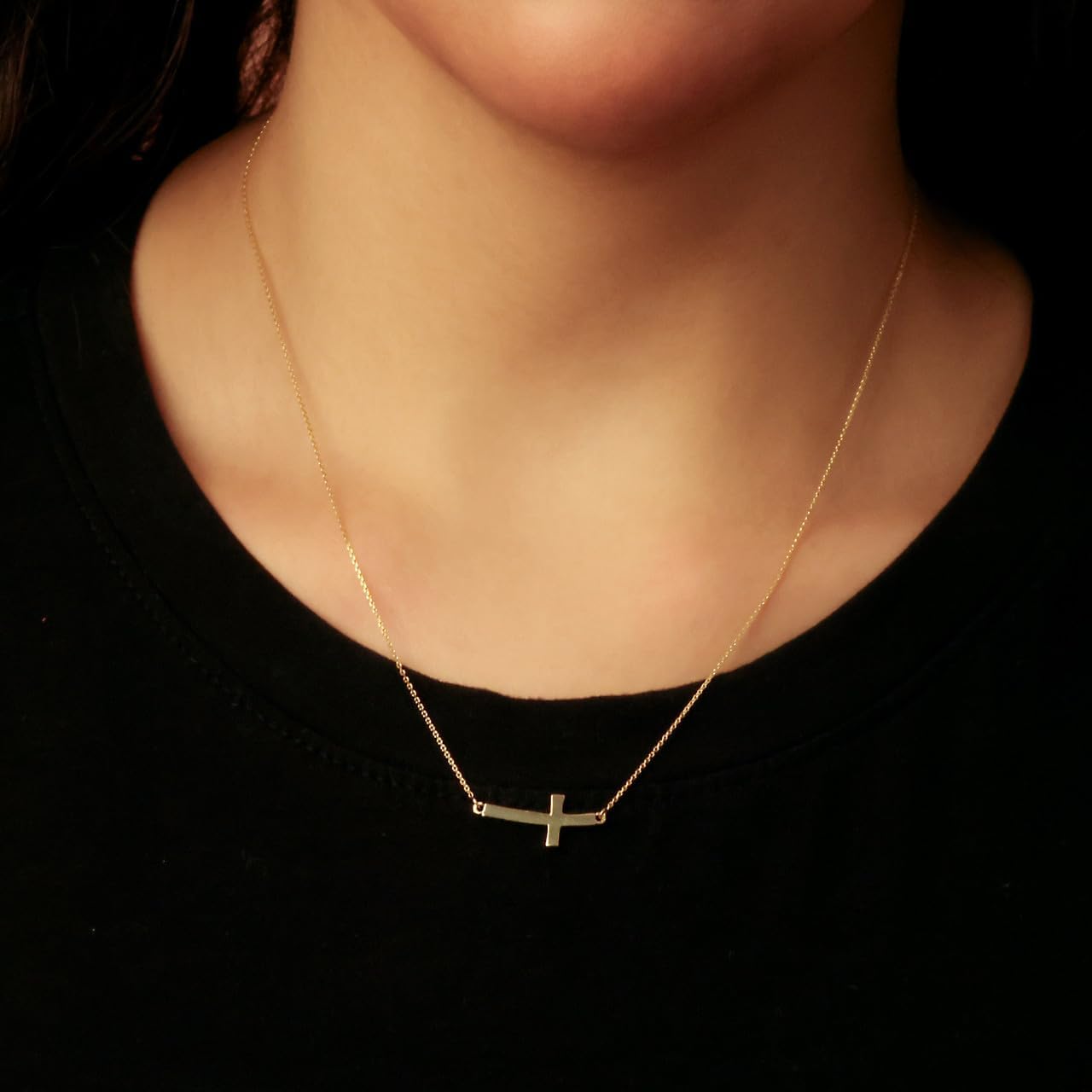 14K White or Yellow Gold Sideways Curved Cross Necklace - Choice of Metal Color and Necklace Length