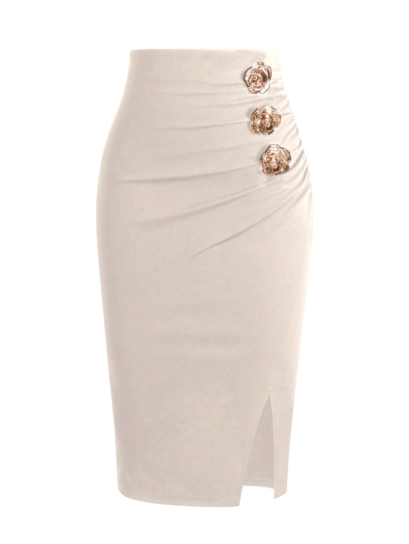 SweatyRocks Womens Elegant Ruched Midi Skirt Split High Waisted Bodycon Pencil Skirts