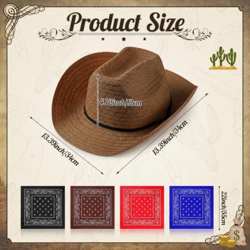 Image of Coume 36 Set Straw Cowboy Hats with Bandana Include 36 Cowboy Party Hats 36 Western Scarf in 4 Color for Cosplay Accessories