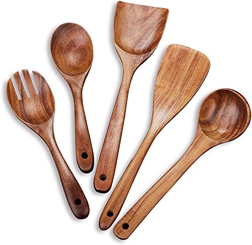 Craft Expertise Wooden Kitchen Utensil Set 5 Cooking Utensils Spatula Spoons for Cooking Nonstick Cookware, 100% Handmade by Natural Teak Wood