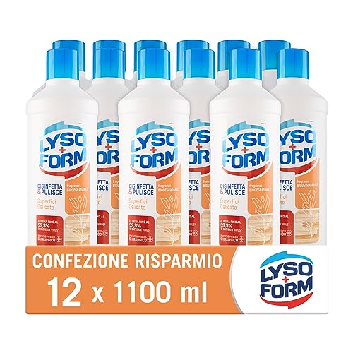 Lysoform Pavimenti Superfici Delicate, Detersivo Pavimenti, Adatto a Pavimenti in Legno e Parquet, Aiuta a Rimuovere gli Allergeni, Lieviti e Muffe, con Fragranza Biodegradabile, 12 Pezzi da 1100 ml