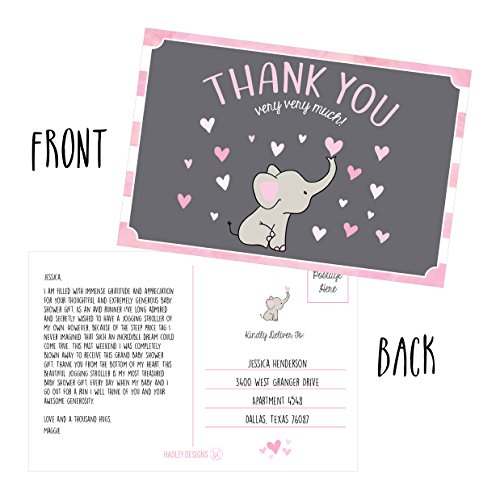 50-4x6-Elephant-Girl-Baby-Shower-Thank-You-Postcards-Bulk-Beautiful-Pink-Modern-Cute-Boho-Blank-Thanks-Note-Card-Stationery-Appreciation-Set