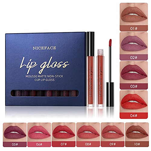 chengfang 10pcs/Set Makeup Matte Lipstick Lip Kit, Velvety Liquid Lipstick Waterproof Long Lasting Durable Nude Lip Gloss Beauty Cosmetics Set, Liquid Lipstick Set