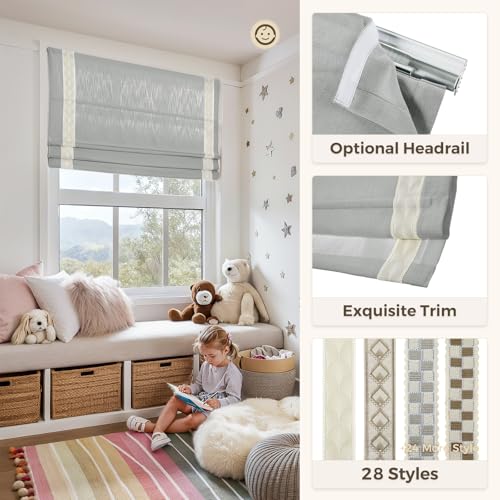 Image of TWOPAGES Isabella No Drill Cordless Roman Shade Linen Textured Cotton Roman Blind for Windows, Custom Made Room Darkening Blackout Roman Window Shade, Hardware Included, Light Gray, 1 Piece