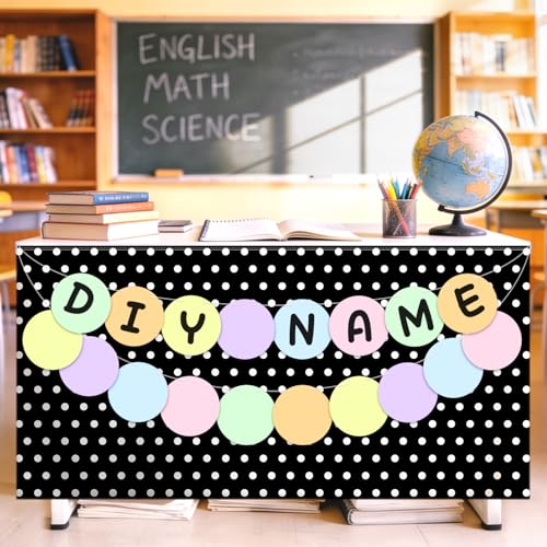 Image of 9FT Black Base White Polka Dot Table Skirt Set with 18PCS Pastel Paper Circles Teacher Desk Skirt for Classroom Decor Back to School Party Supplies Rectangle Cabinet Curtain for Office Dorm
