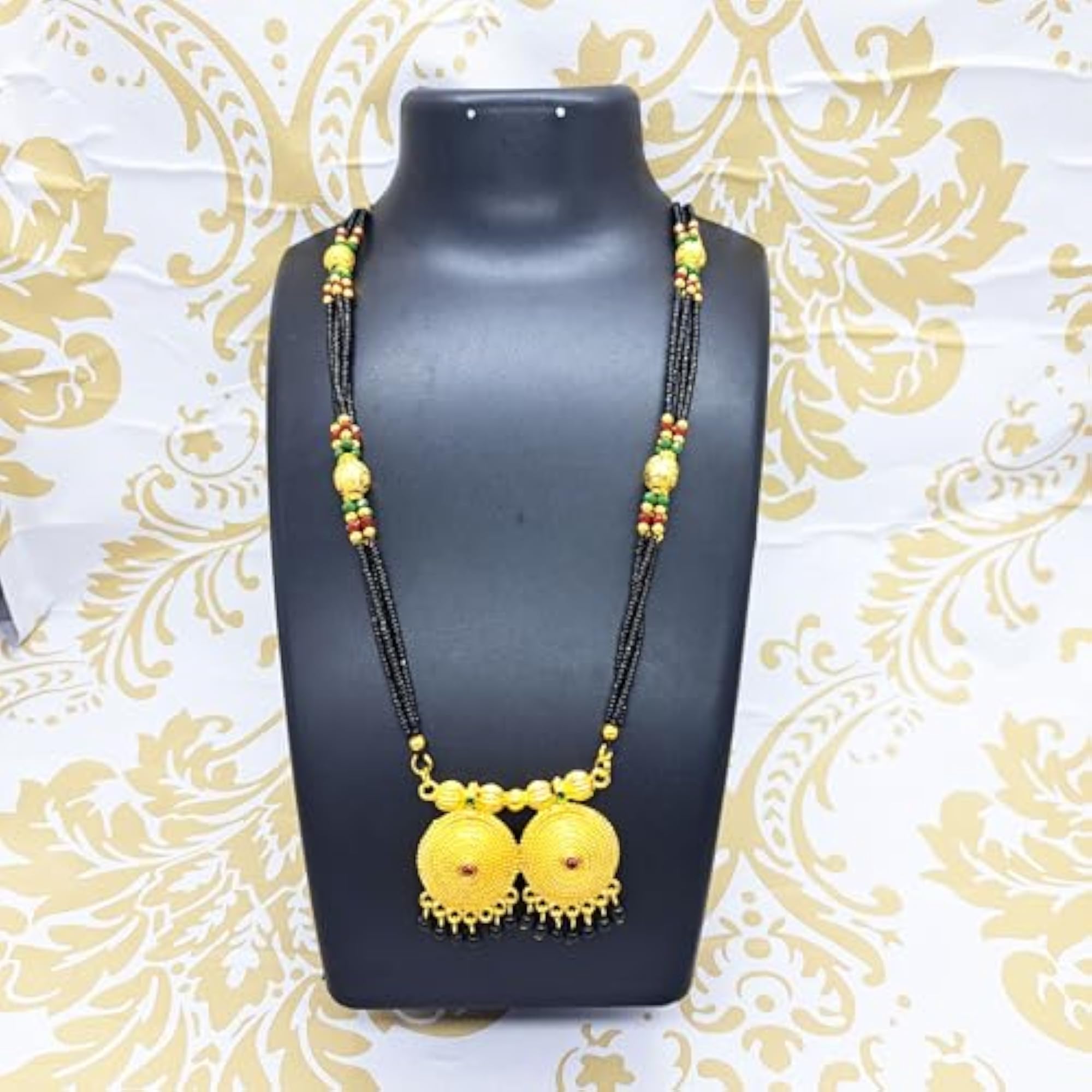 34 Inch Long Black Bead Gold Plated Maharashtrian Vati Mangalsutra