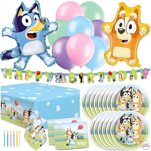 Bluey Birthday Decorations Girl Party Supplies for 16 - Officially Licensed Banner Tablecloth Foil and Latex Balloons Plates and Napkins Candles Sticker