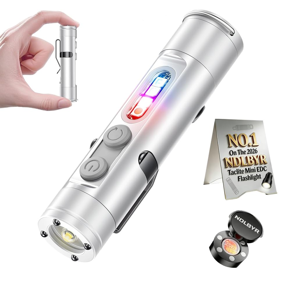 NDLBYR Pocket Rechargeable EDC Flashlight 6-in-1 Mini Bright Keychain Torch 500 Lumens Cob Light with UV Magnetic Base Window Breaker 3 Color Sidelights for Camping Car Travel Everyday Carry (Sliver)