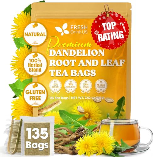 Image of FreshDrinkUS, Premium 135 Dandelion Leaves and Roots Tea Bags, 100% Natural & Pure, Herbal Tea, Daily Infusion Botanical, No Sugar, No Caffeine, No Gluten, Vegan. Powerful Support.