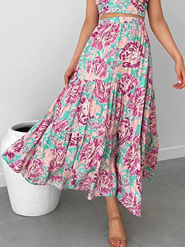 ANRABESS Women’s Summer Boho Elastic Waist Pleated A-Line Flowy Swing Tiered Long Beach Skirt Dress with Pockets, Floral 03, Large