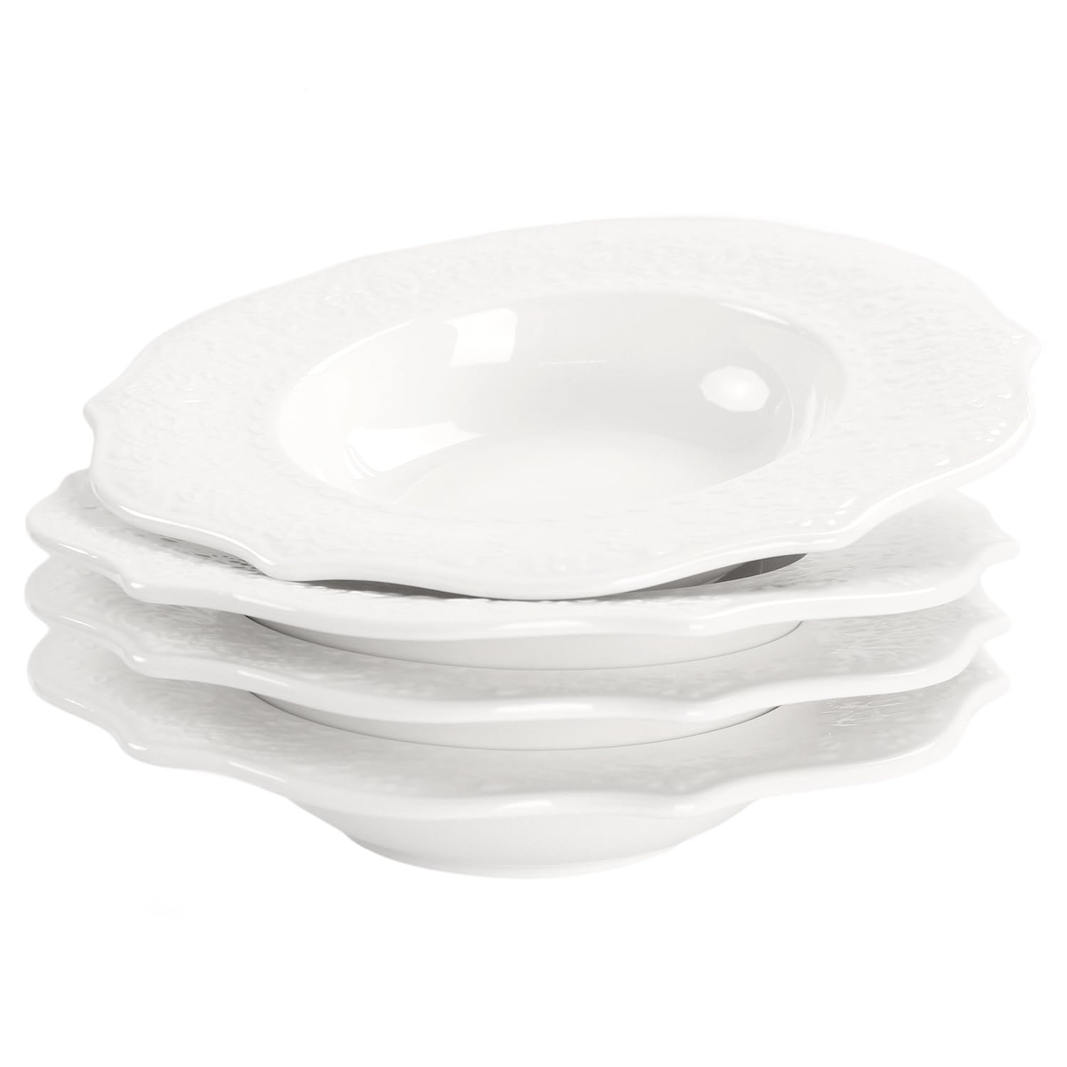 jinsongdafa Soup Bowls, Pasta Bowls Plates, White Salad Bowls Set of 4, Embossed Porcelain Wide Rim Bowls, 8.5 Oz, Microwave & Dishwasher Safe, Best for foodies and restaurants 8.75 Inch Laciness