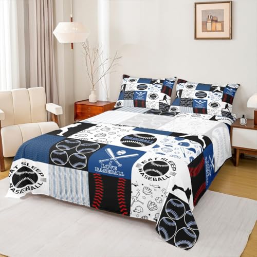 Image of Castle Fairy Patchwork Baseball Fitted Sheet Set King Size 4 Pcs,Sports Geometric Grid Blue Teens Sheets,Baseball Bedding Sets (1 Fitted,1 Flat,2 Pillowcases)