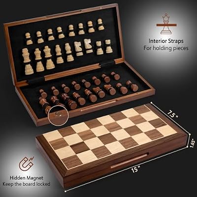 Chess Set Board Games for Adults: Handmade Walnut Wooden 15 2 Extra Queens Folding Portable Travel Chess Game, Gift idea, Pieces Storage Slots,Instructions