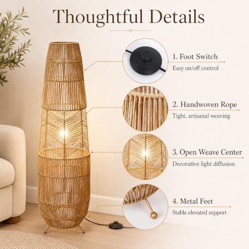 Image of Hand Woven Rattan Floor Lamp,Boho Standing Lamps for Living Room | Handcrafted Wicker Shade,No Assembly Required,Unique Shadow Effects,Foot Switch Control,36 Inch Tall,3 Color Temperature