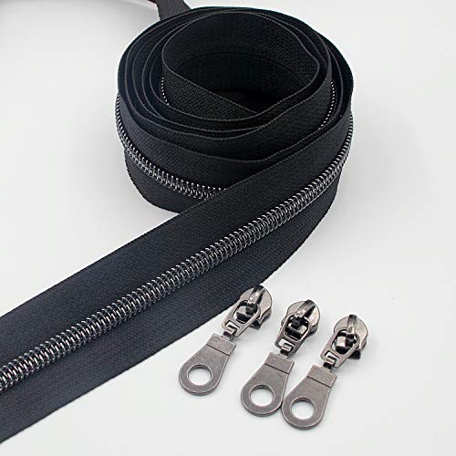 Image of Leekayer #5 Black Nickel Metallic Nylon Coil Teeth Zippers by The Yard Bulk 10 Yards Zipper Tape with 25pcs Black Nickel Sliders for DIY Sewing Tailor Craft Bag(Black)